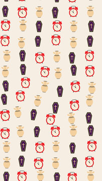 Red alarm clocks and purple coffins pattern