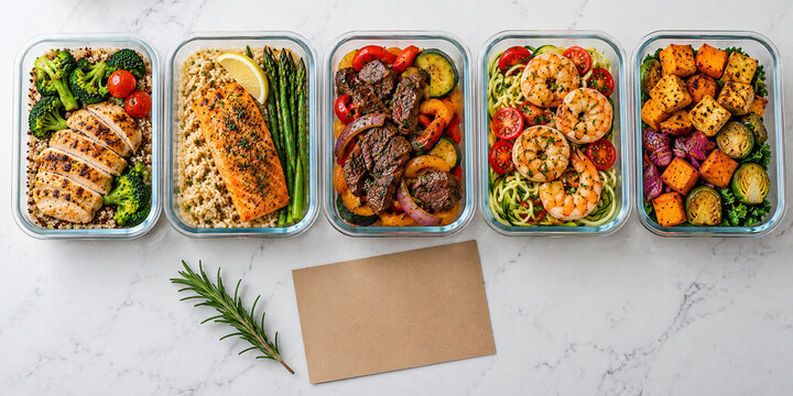 Five glass meal prep containers in a row with blank kraft card on marble