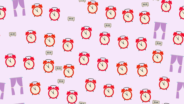 Red alarm clocks showing 6:00 with purple curtains pattern