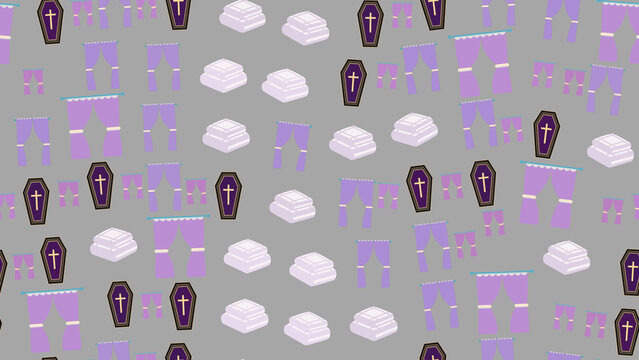 Seamless pattern of coffins and purple curtains
