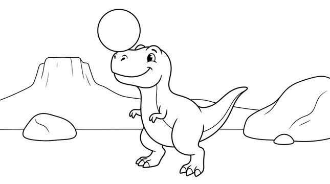 Cute cartoon tyrannosaurus rex dinosaur playing with a ball in a prehistoric landscape, coloring book page for kids.