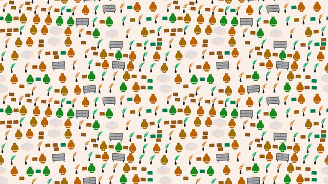 Seamless pattern of decorative objects and vases