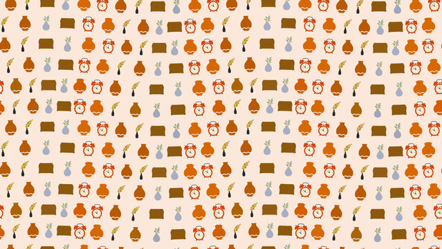Seamless pattern of decorative vases and alarm clocks
