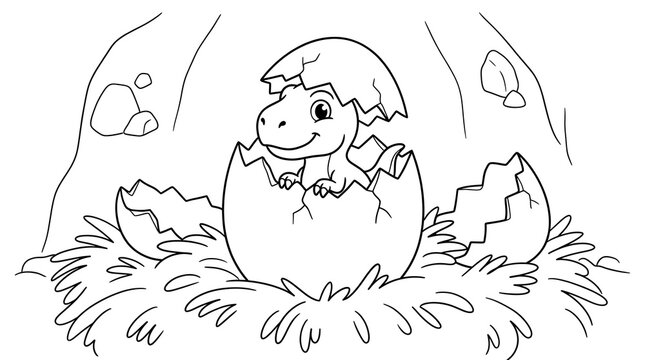 Cute cartoon baby dinosaur hatching from a cracked egg in a nest, black and white coloring page for children.