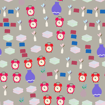 Seamless pattern with alarm clocks, vases, and folded items