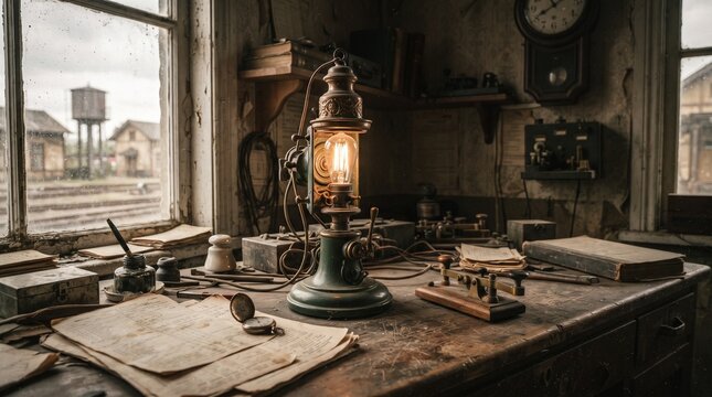 Vintage Morse communication lamp in an old railway telegraph office, featuring brass hardware, mechanical telegraph key, wooden desk and nostalgic warm illumination.