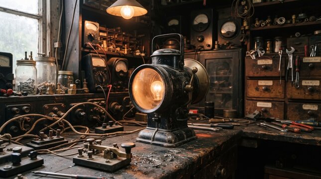 1930s vintage Morse signaling lamp on an aged electrical workshop bench, surrounded by copper terminals, analog instruments, brass components and warm glowing light.