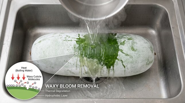 Winter melon wax bloom removal using boiling water in stainless steel sink with diagram.