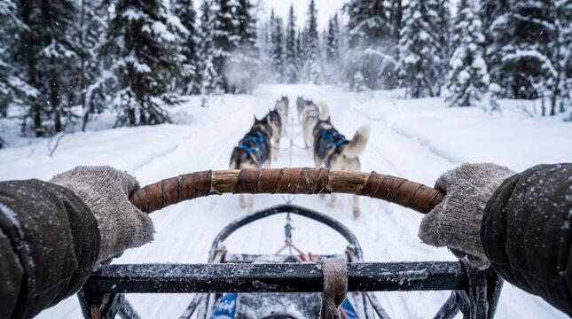 Point of view shot of a musher driving a dog sled team through a snowy winter forest.