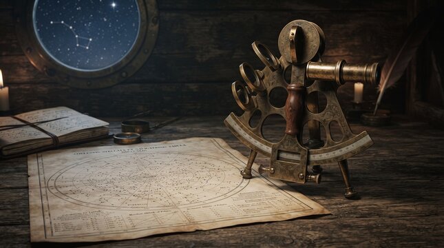 Antique Brass Marine Sextant with Vintage Star Chart for Celestial Navigation and Historic Maritime Astronomy