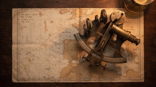Antique Marine Sextant Resting on an Aged Nautical Map with Faded Coastlines and Historic Navigation Details