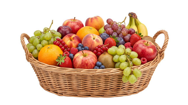 Fresh fruit basket filled with colorful fruits, wicker basket harvest of ripe apples and grapes, organic healthy fruit selection isolated on white