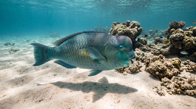 A Humphead Parrotfish swimming above a sandy tropical seafloor with scattered coral fragments and a natural underwater shadow.