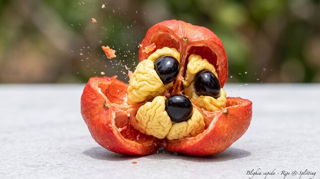 Ripe ackee fruit split open with black seeds and yellow flesh on outdoor concrete surface.