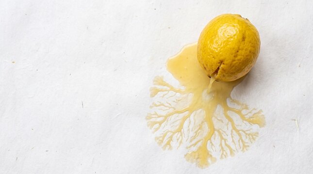 Whole lemon fruit with leaking fresh acidic juice creates intricate organic branch patterns.