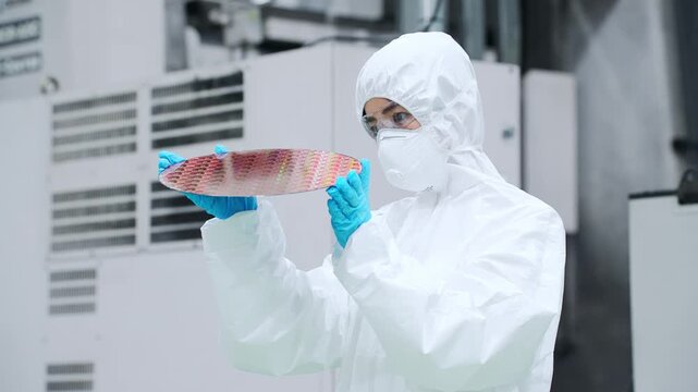 半導体工場でシリコンウエハーを検査する防護服を着た女性作業員