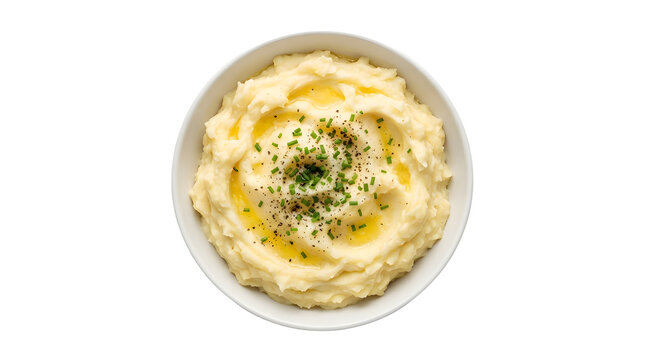 A bowl of whipped mashed potatoes topped with melted butter, cracked black pepper, and chopped chives, positioned dead center in the frame from a top-down perspective, isolated on pure white