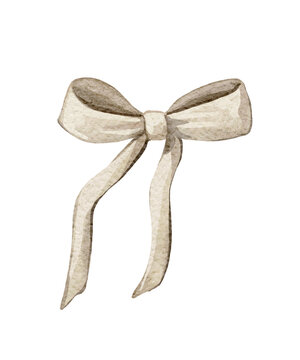 Watercolor vintage cute Christmas bow for gifts made of fabric, ribbon isolated on white background. Watercolor and pencil hand drawn illustration sketch