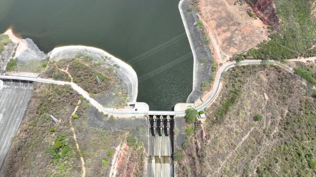 Betania Dam and Hydroelectric Reservoir in Huila, Colombia. Establishing Shot. Aerial View.