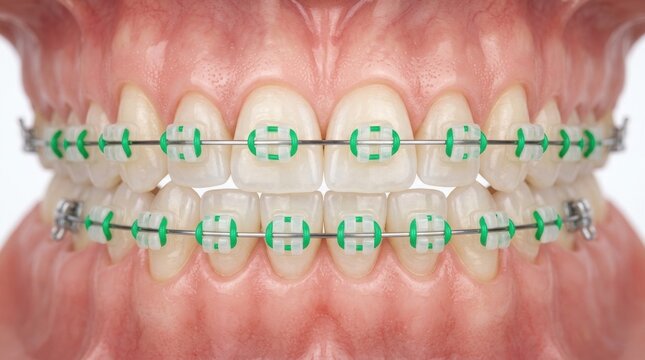 Close up of a human smile showing white teeth with metal orthodontic braces and green elastic rubber bands