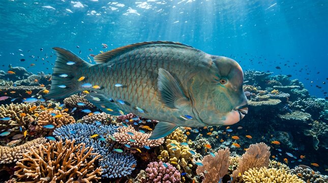 A large Humphead Parrotfish moving through a coral reef surrounded by smaller tropical reef fish.
