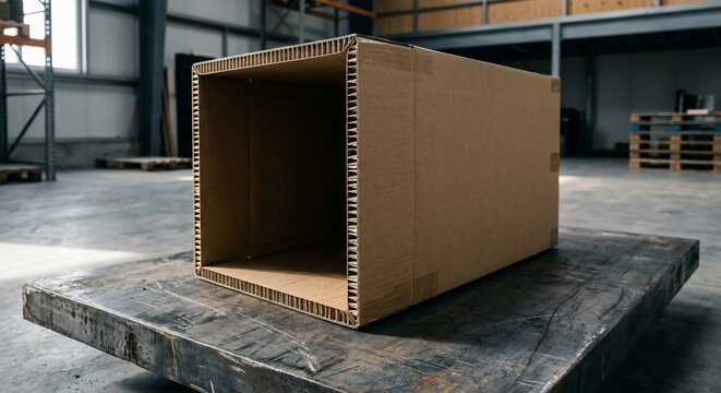 Long corrugated cardboard box container resting on metal platform inside industrial warehouse