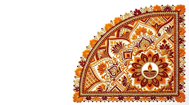 Intricate indian rangoli design featuring a traditional oil lamp diya pattern for diwali festival home decoration art