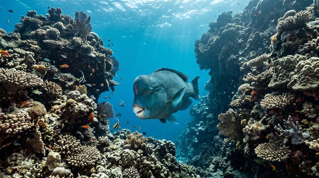 An adult Humphead Parrotfish navigating through large coral formations in a complex tropical reef environment.