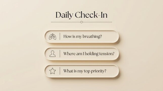 Daily self assessment checklist with breathing tension and priority questions on light background