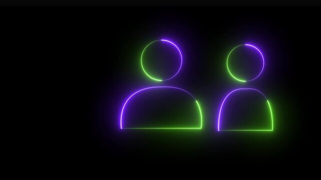 Glowing neon pink and blue color user contact icon animation profile people 2 mans male identity account icon sign symbol on black background .
