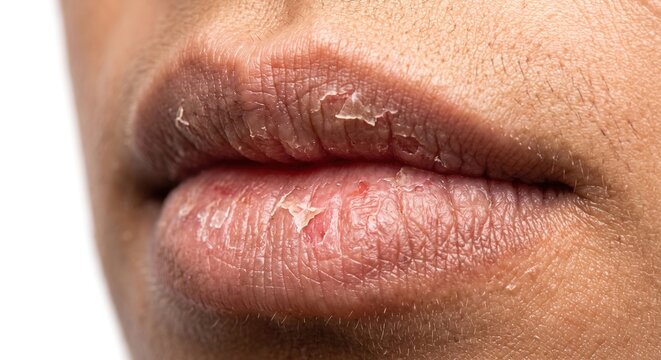 Macro shot of severely dry, chapped and peeling lips requiring hydration