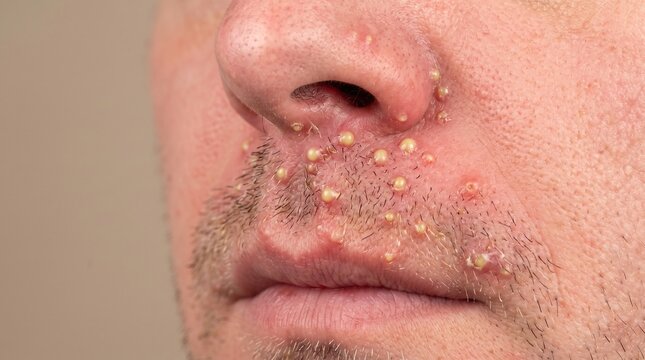 Close up of a man's face suffering from severe folliculitis or pustular acne around the upper lip