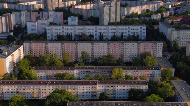 Berlin cityscape with residential apartment blocks and green spaces, reflecting German urban architecture and housing. Beautiful aerial view drone camera pointing down
