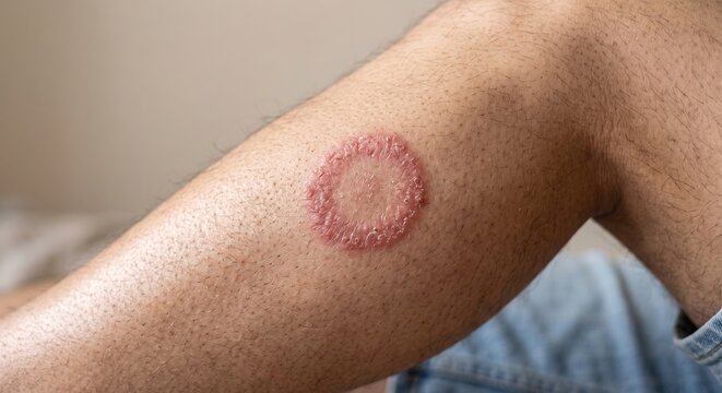 Detail of a tinea corporis or ringworm fungal infection on a person's leg