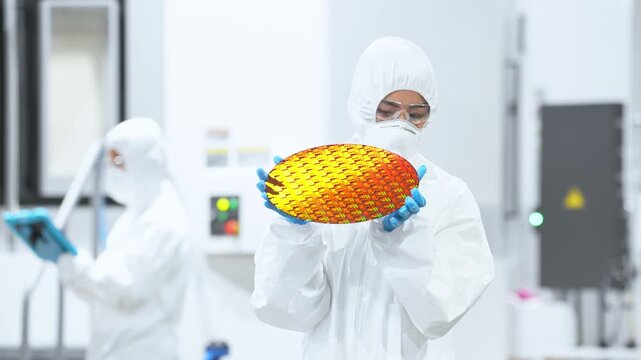 Female worker in protective suit inspecting silicon wafers at semiconductor factory