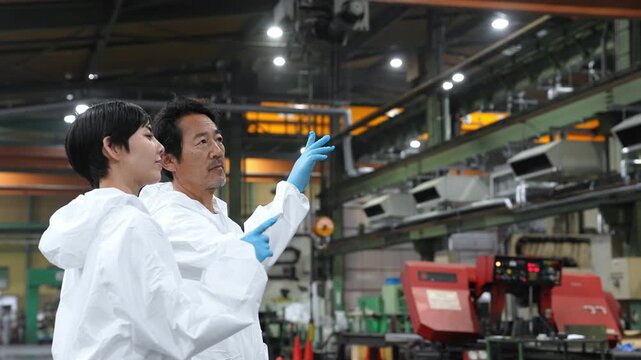 Male and female workers in protective suits inspect the factory.