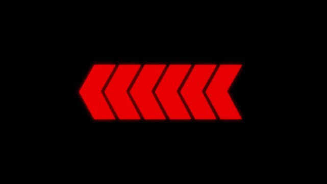 Left-directional arrow loop animation on black background. Swipe left pointing arrow. Animated traffic directional arrows sign. Right to left arrow loop animation. 