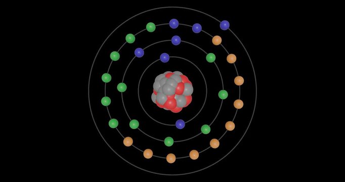 3D animation of a Copper (Cu) atom in the Bohr model with electron orbits, nucleus, protons and neutrons, energy levels in a seamless loop on a transparent background. Ideal for STEM education visuals