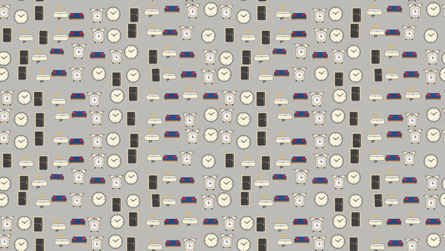 Seamless pattern of clocks, sofas, sinks, and doors