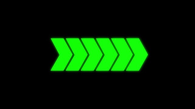 Right-directional arrow loop animation on black background. Swipe right pointing arrow. Animated traffic directional arrows sign. Left to right arrow loop animation. 