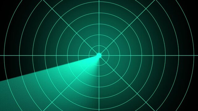 Futuristic radar screen interface with cyan digital grid and scanning beam. Sonar radar target tracking display on dark background. 4k video.