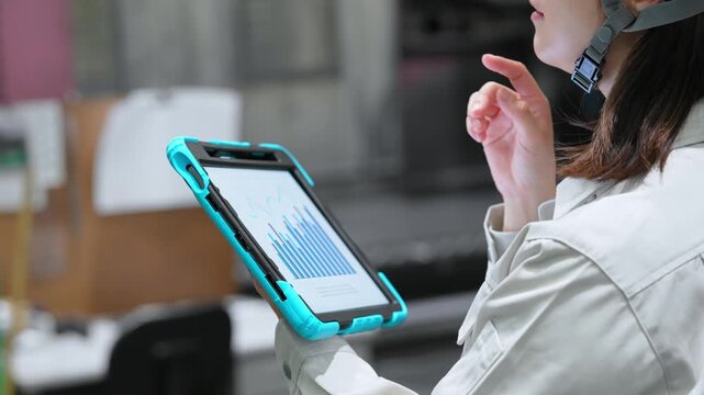 Female worker inspects factory machinery with a tablet.