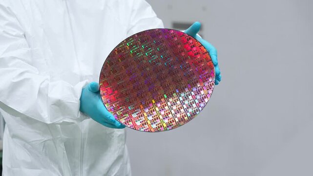 Workers in protective suits handling silicon wafers at a semiconductor factory