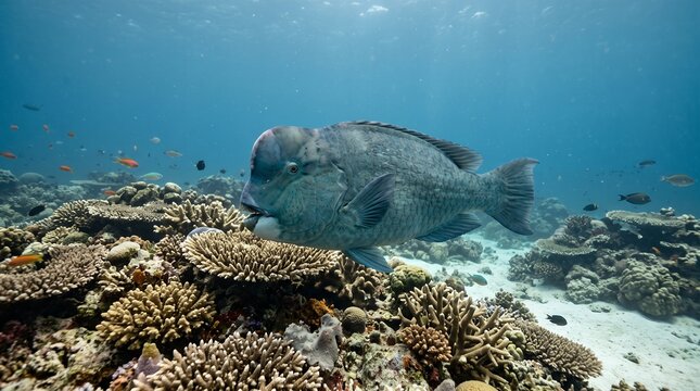 A solitary adult Humphead Parrotfish resting above a quiet tropical coral reef in its natural marine habitat.