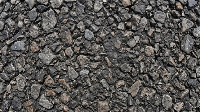Close-up of dark grey asphalt with small stones and some brown leaves, creating a textured surface.