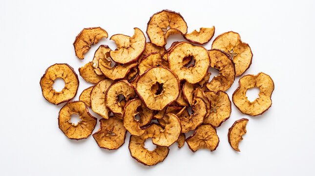 Crispy dried red apple chips snacks isolated on white background