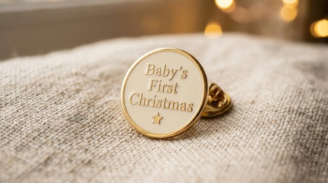 Gold toned baby first christmas commemorative button on fabric