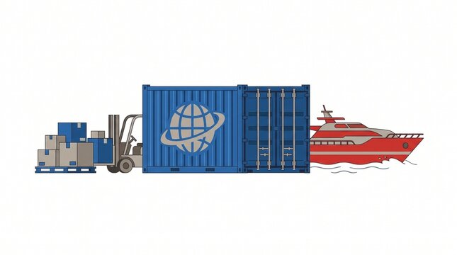 Global logistics shipping container with forklift and cargo ship for
