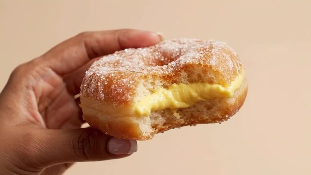Hand Holding Fresh Custard Filled Sugared Donut Close Up