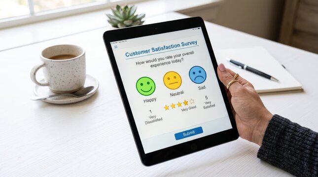 Customer satisfaction survey on tablet screen showing happy neutral sad emoticons rating scale asking users to rate experience today submitting feedback form on white table with